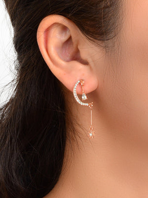 Wedding Rosegold Rhinestone Moon Dangle Drop Chandelier Teardrop Bridal Earrings-1