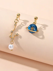 Good Quality Asymmetric Gold Metal Star Moon Pearl Charm Planet Dangle Earrings-1 width=100 