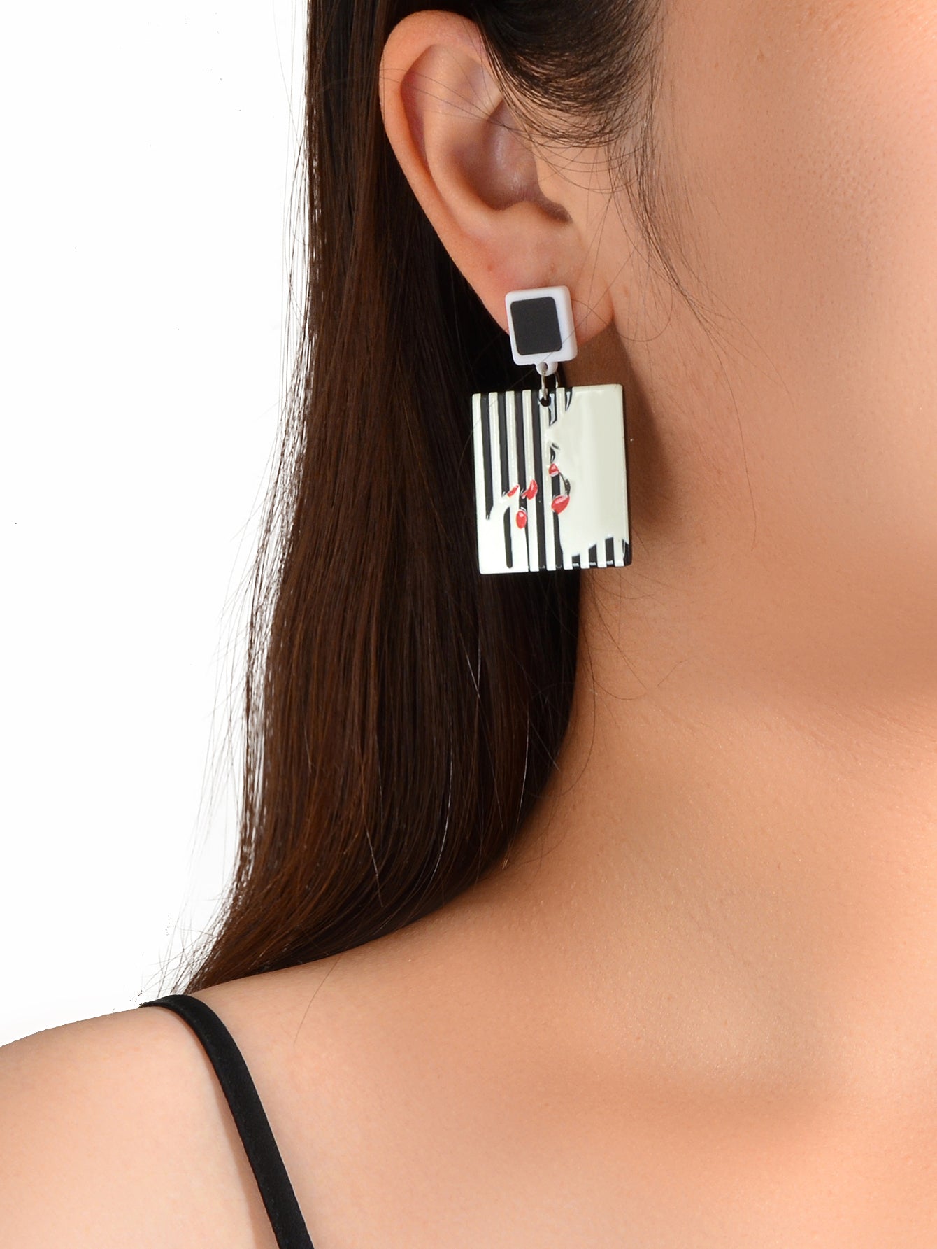 Women Red Lip Lipstick Pattern White Black Square Resin Dangle Pierced Earrings-1