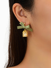 Elegant Asymmetrical Green Bow tie Gold Bird Birdcage Pearl Long Chain Earrings-1 width=100 