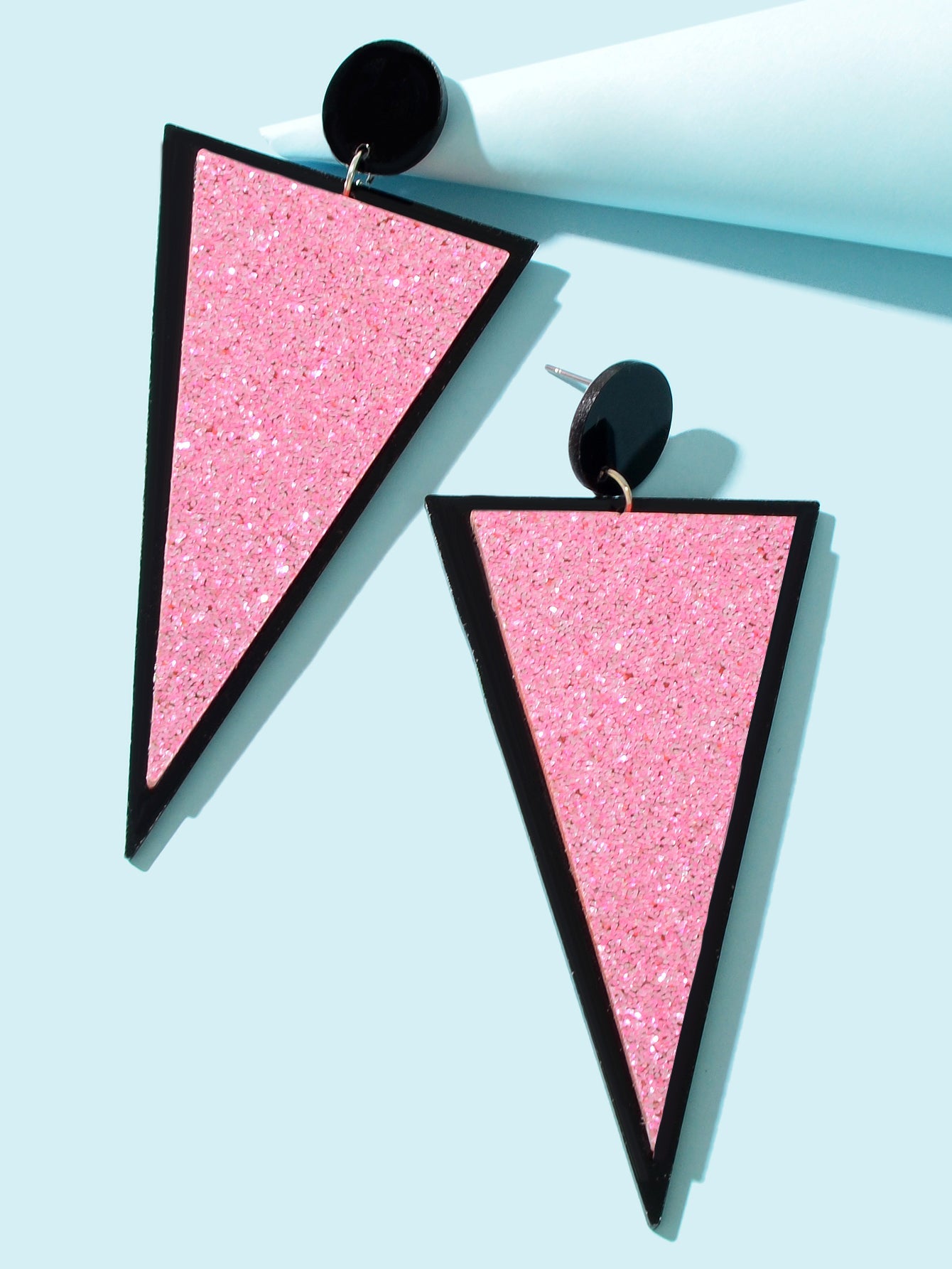 Shining Pink Sequin Decor Acrylic Triangle Geometric Dangle Earrings for Party-2