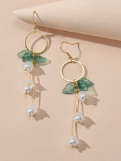 Charming Pearl Green Hotpink Resin Leaf Charm Gold Circle Dangle Women Earrings-1 width=100 