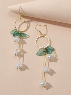 Charming Pearl Green Hotpink Resin Leaf Charm Gold Circle Dangle Women Earrings-1