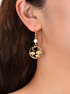 Asymmetrical Design Magical Gold Mushroom Moon Pearl Charm Dangle Earrings Gift-1