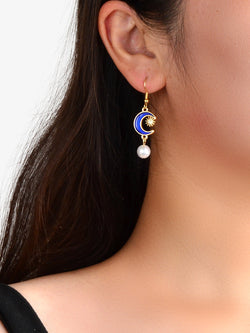Asymmetrical Design Blue Moon Gold Sun Beads Charm Dangle Hook Textured Earrings-1 width=100 
