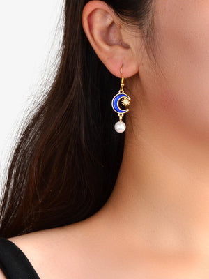 Asymmetrical Design Blue Moon Gold Sun Beads Charm Dangle Hook Textured Earrings-1