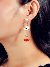 Grunge Rock Asymmetrical Eye Nose Red Lips Funny Weird Face Pearl Stud Earrings-1 width=100 