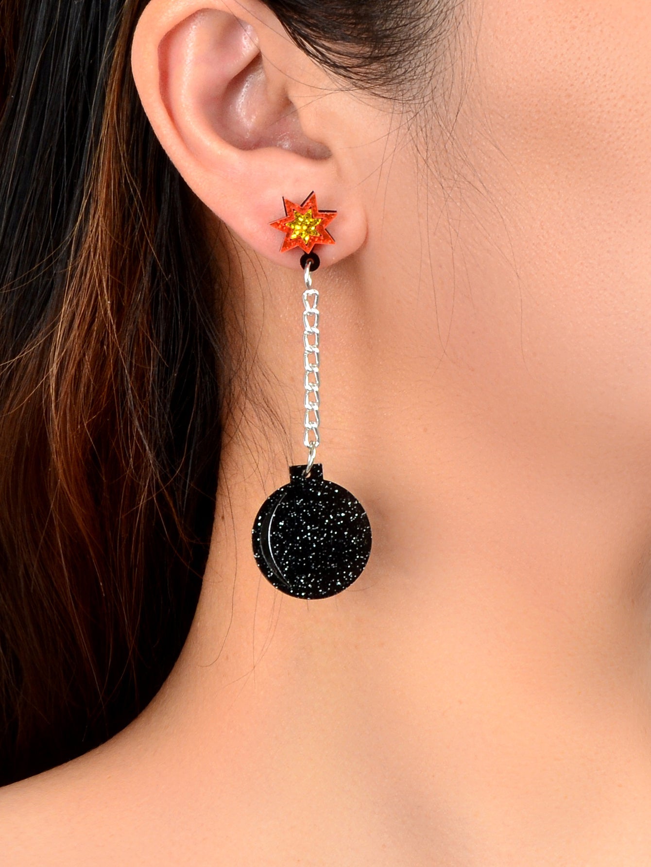 Shiny Long Silver Chain Acrylic Black Bomb Design Charm Party Nightclub Earrings-1
