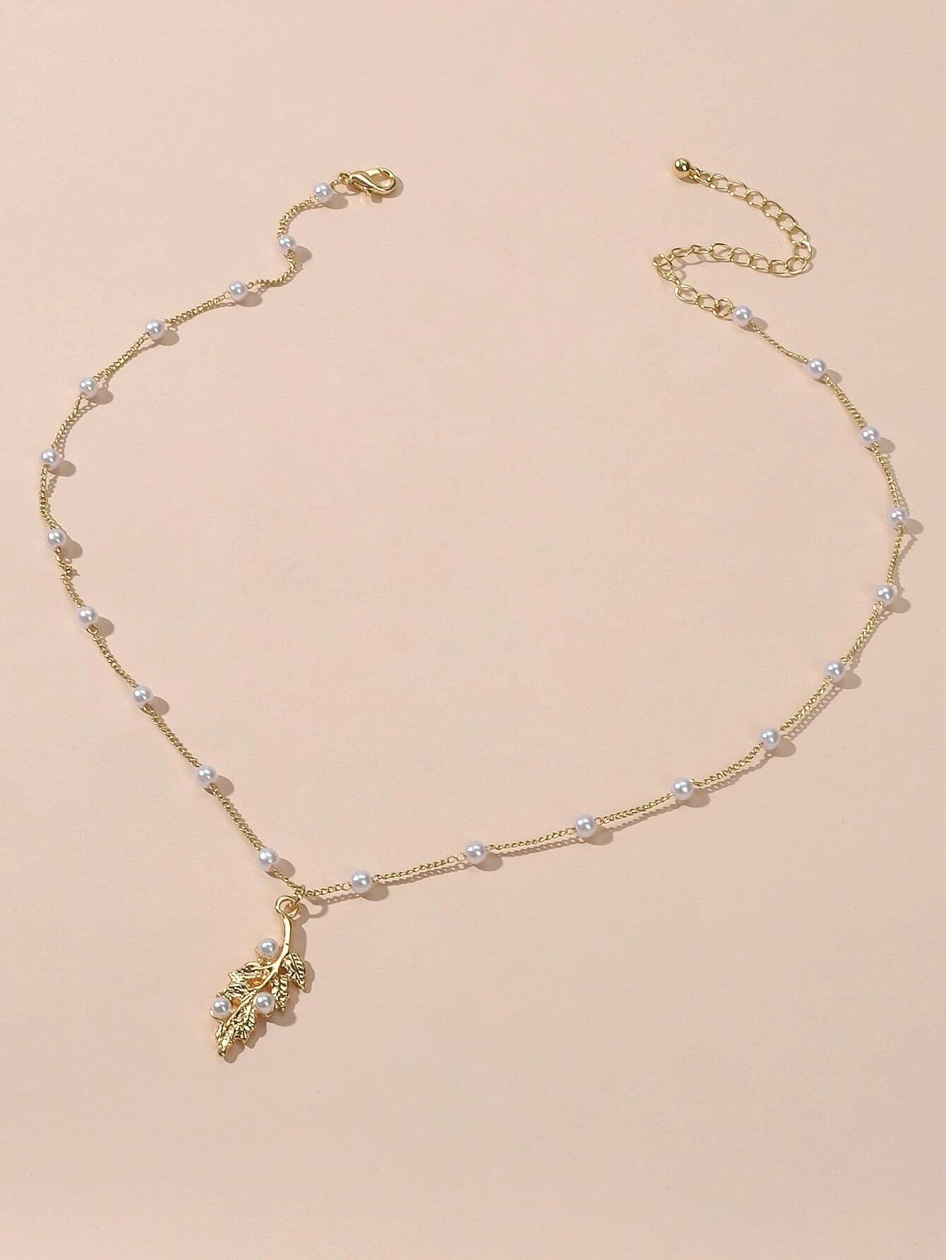 Feelontop Fashion Jewellery Pearl Gold Leaf Pendant Necklace Women Accessories-1