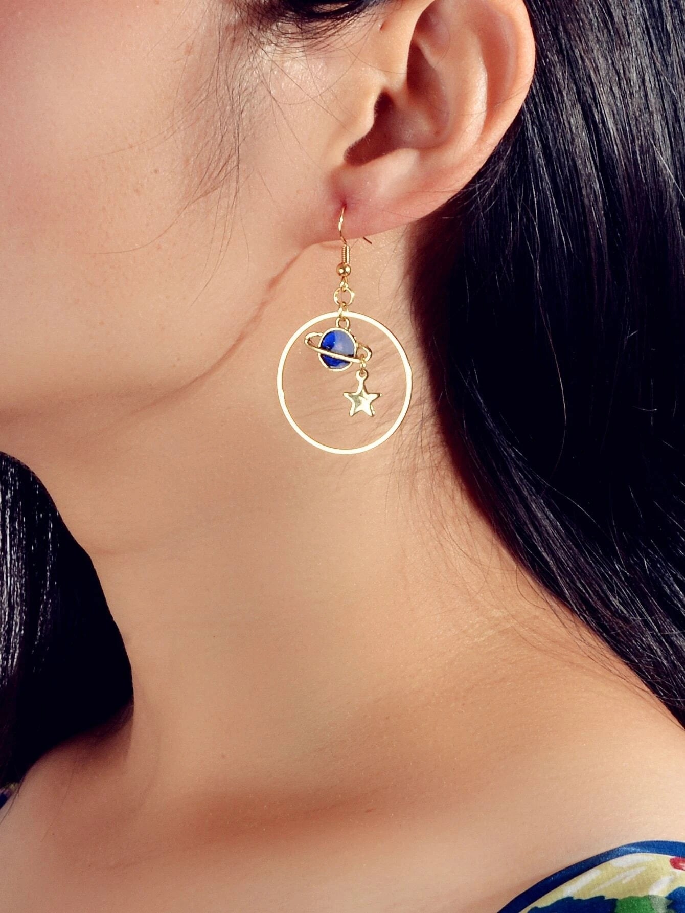 Star Moon Planet Globe Circle Asymmetric Dangle Women Teens Round Hoop Earrings-1