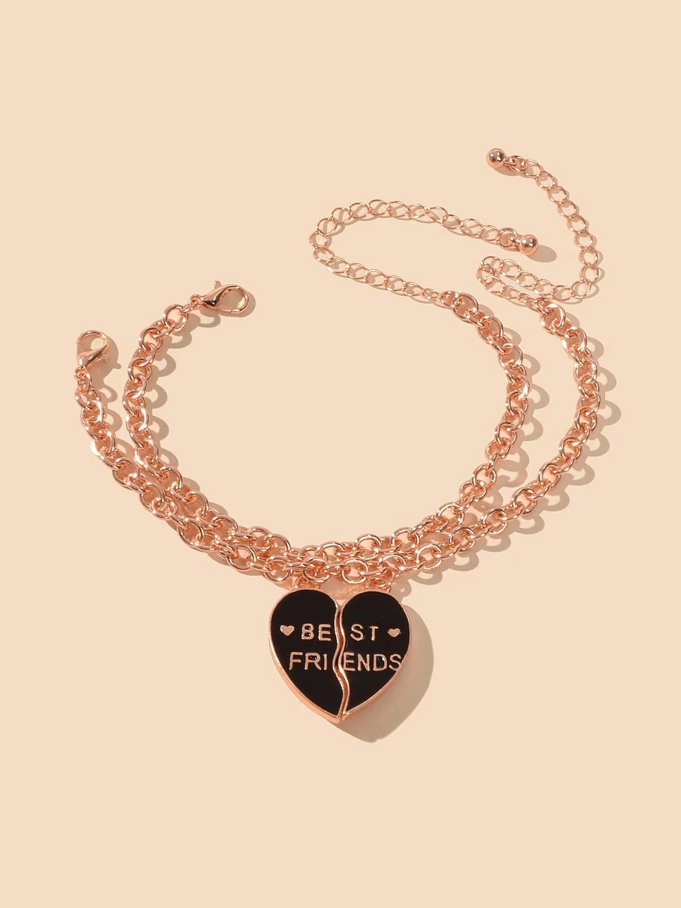 2pcs Rosegold Chain Black Pink Enamel Love Heart Charm Best Friends Bracelet-5