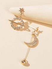 Fashion Rhinestone Ball Pendant Gold Moon Planet Asymmetric Drop Dangle Earrings-1 width=100 