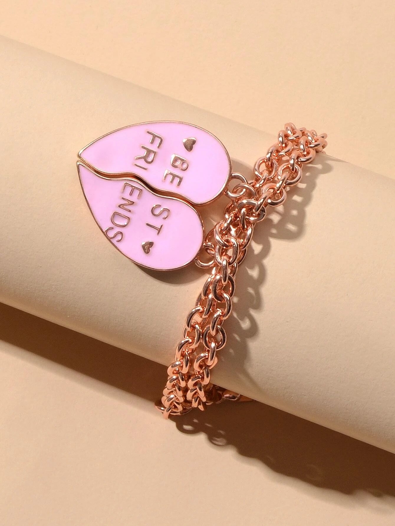 2pcs Rosegold Chain Black Pink Enamel Love Heart Charm Best Friends Bracelet-2