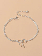 Minimalist Summer Gold Silver Bow Double Layer Chain Anklet Holiday Foot Jewelry-1 width=100 