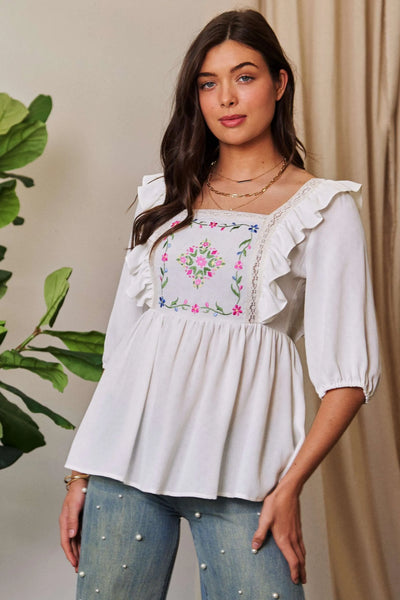 "Davi & Dani" Embroidery Frill Blouse