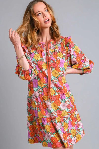 Umgee Ruffled Flower Print Tie Neck Tiered Dress