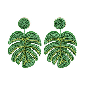 Hand-woven Rice Bead Leaf Earrings