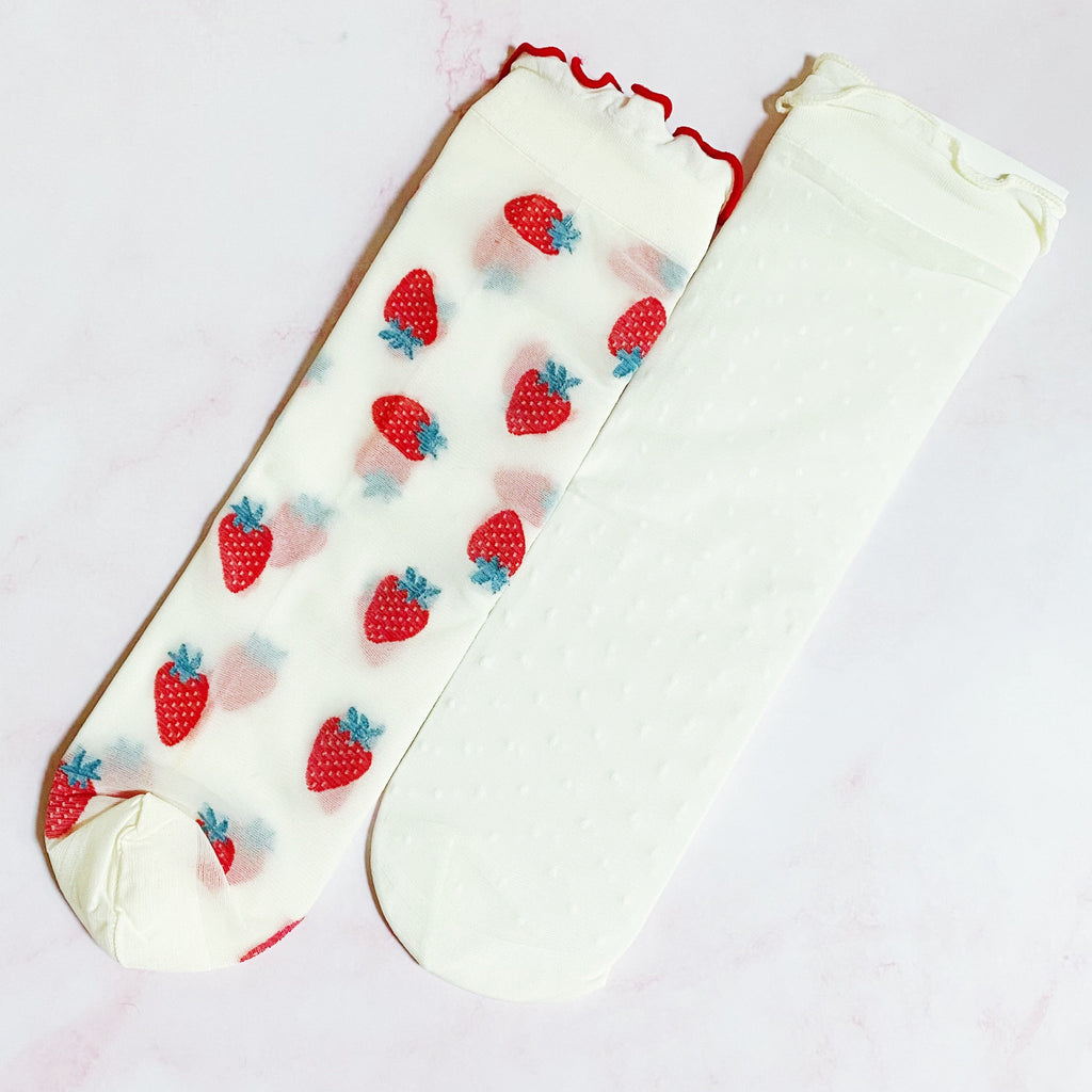 Dots And Strawberries Sheer Socks Set Of 2 Pairs-0