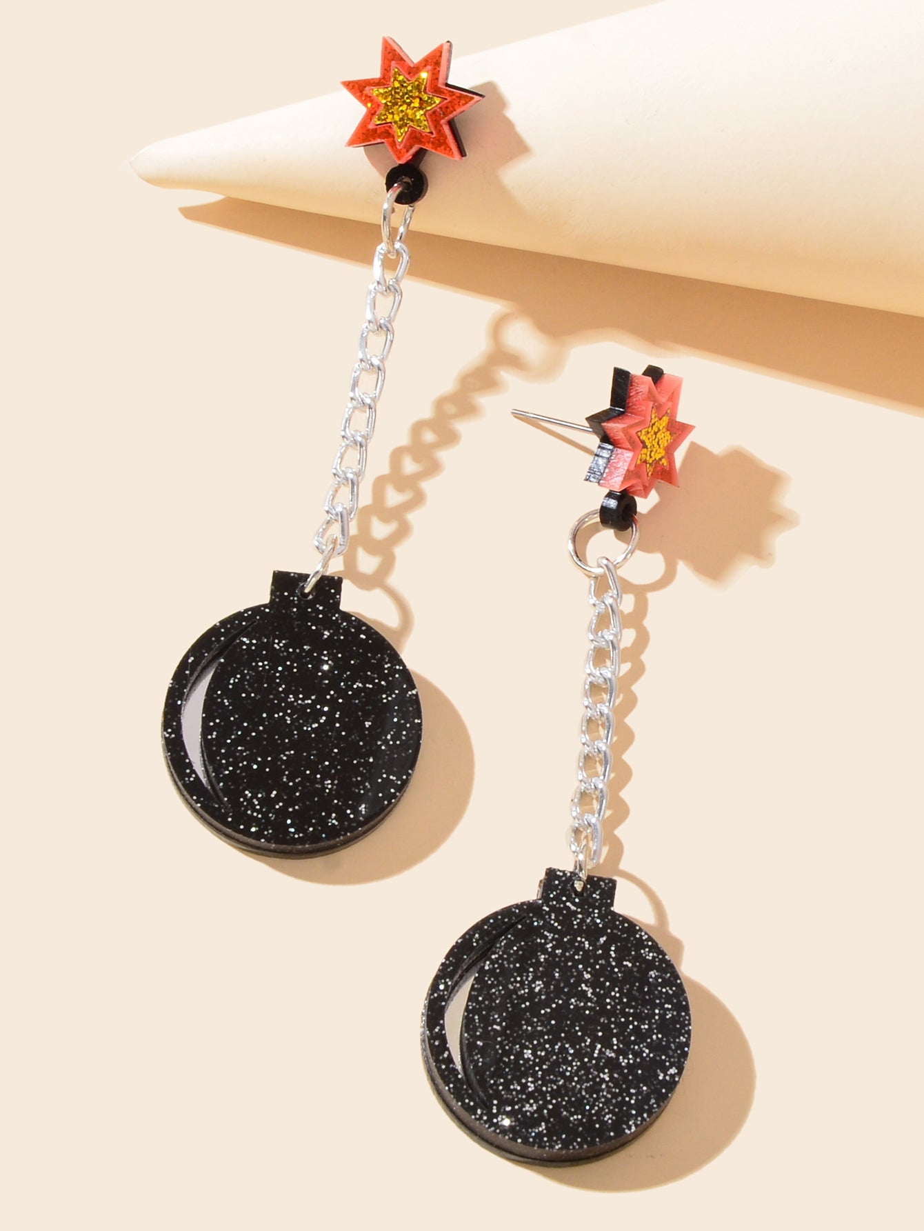 Shiny Long Silver Chain Acrylic Black Bomb Design Charm Party Nightclub Earrings-2