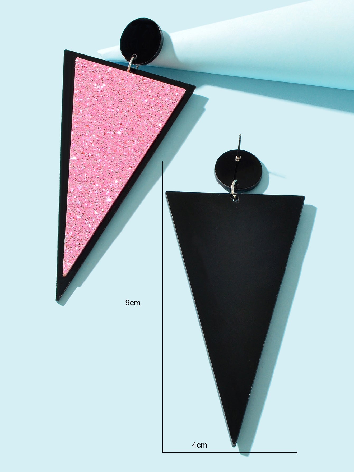Shining Pink Sequin Decor Acrylic Triangle Geometric Dangle Earrings for Party-3
