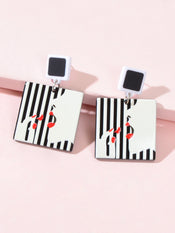 Women Red Lip Lipstick Pattern White Black Square Resin Dangle Pierced Earrings-2 width=100 