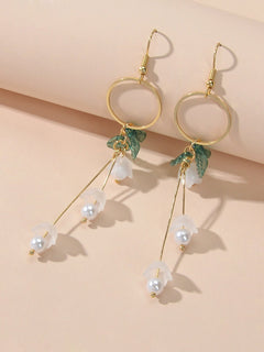 Charming Pearl Green Hotpink Resin Leaf Charm Gold Circle Dangle Women Earrings-2