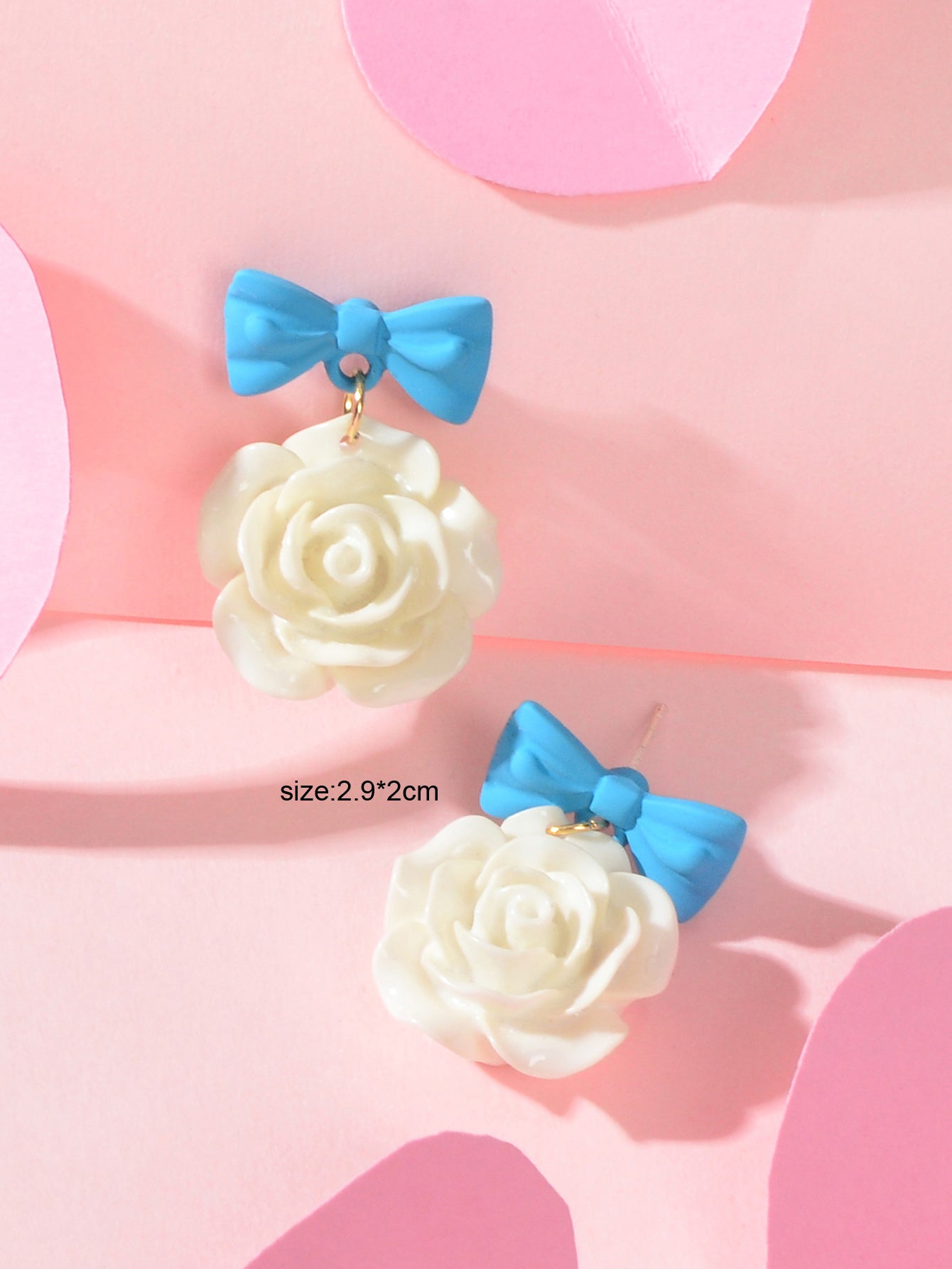 Elegant Jewellery Blue Bow Tie White Resin Flower Dangle Pierced Party Earrings-2