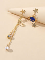 Asymmetric Pearl Rhinestone Decor Long Chain Star Moon Planet Dangle Earrings-2 width=100 