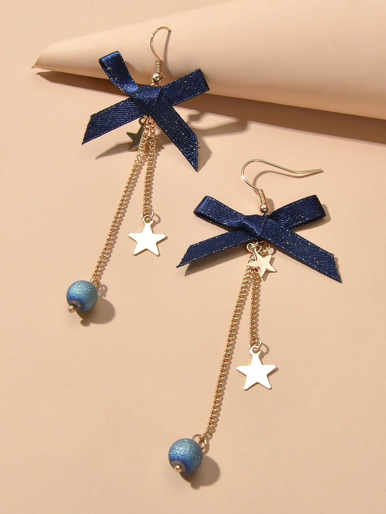 Sweet Design Blue Ribbon Bowknot Long Gold Chain Star Beads Pendant Earrings-2