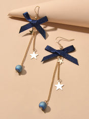 Sweet Design Blue Ribbon Bowknot Long Gold Chain Star Beads Pendant Earrings-2 width=100 