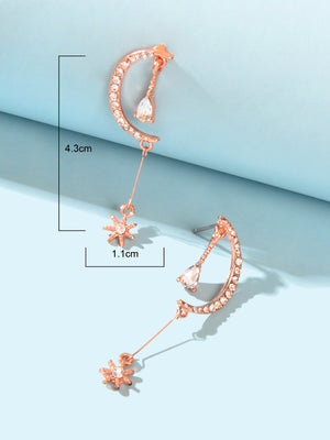 Wedding Rosegold Rhinestone Moon Dangle Drop Chandelier Teardrop Bridal Earrings-2