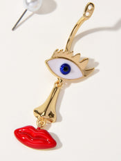Grunge Rock Asymmetrical Eye Nose Red Lips Funny Weird Face Pearl Stud Earrings-2 width=100 
