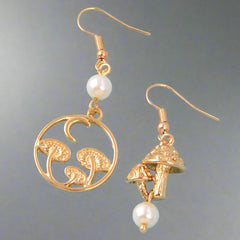 Asymmetrical Design Magical Gold Mushroom Moon Pearl Charm Dangle Earrings Gift-2