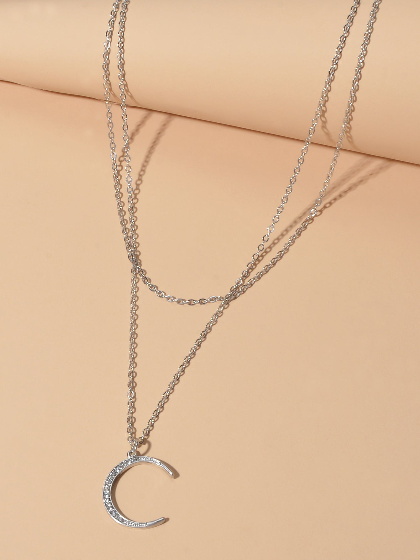 Women Accessories Double layer Chain with Rhinestone Moon Charm Trendy Necklace-2