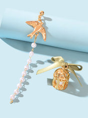 Elegant Asymmetrical Green Bow tie Gold Bird Birdcage Pearl Long Chain Earrings-2 width=100 