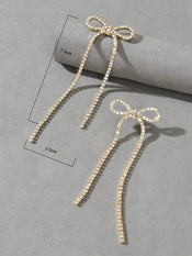 Clear Rhinestone Crystal Tassel Sparkle Bow Tie Dangle Bridal Wedding Earrings-2 width=100 