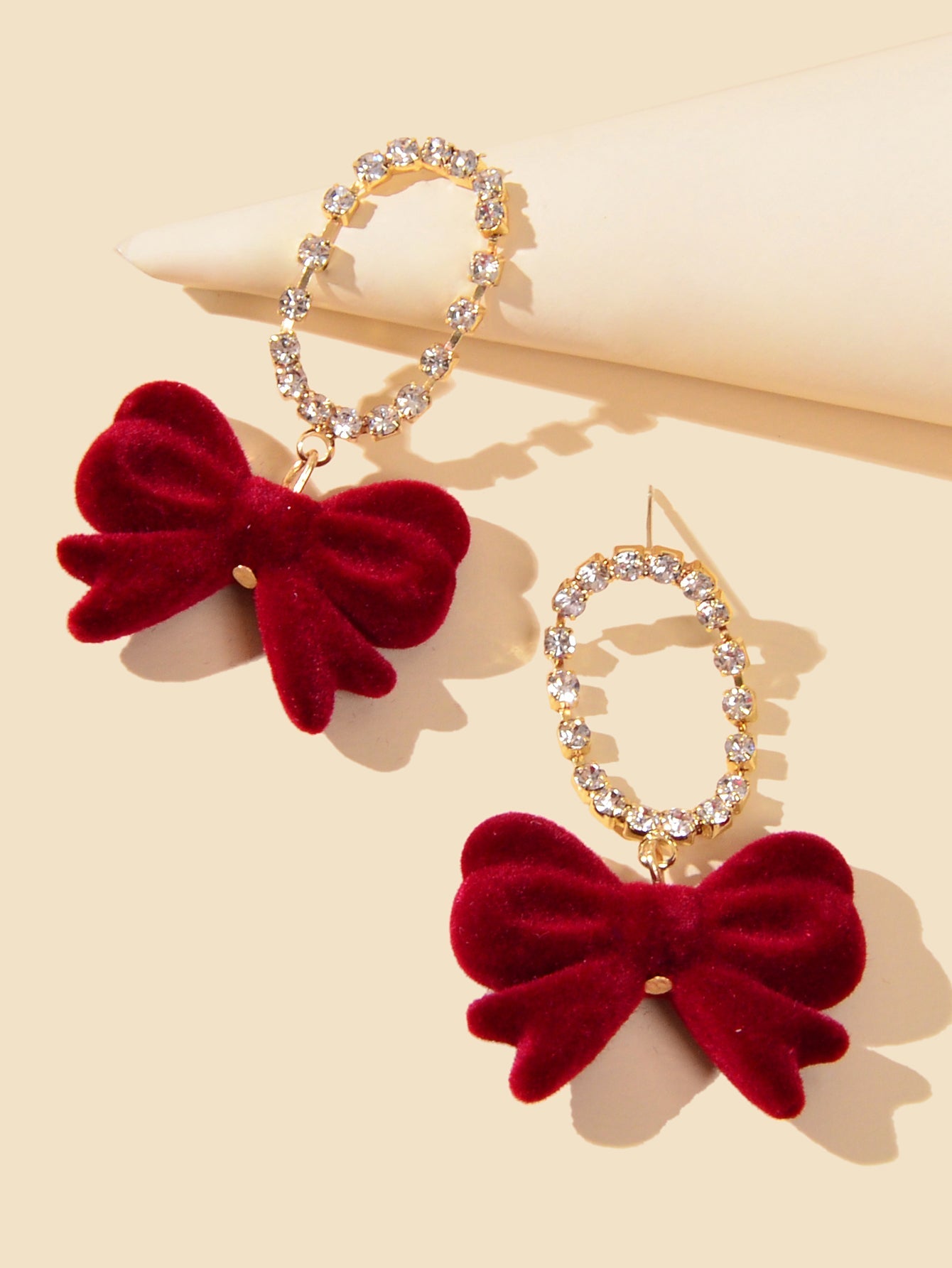 Sparkly Ribbon Bow Dangle Rhinestone Winered Vintage Square Bow Tie Earrings-2