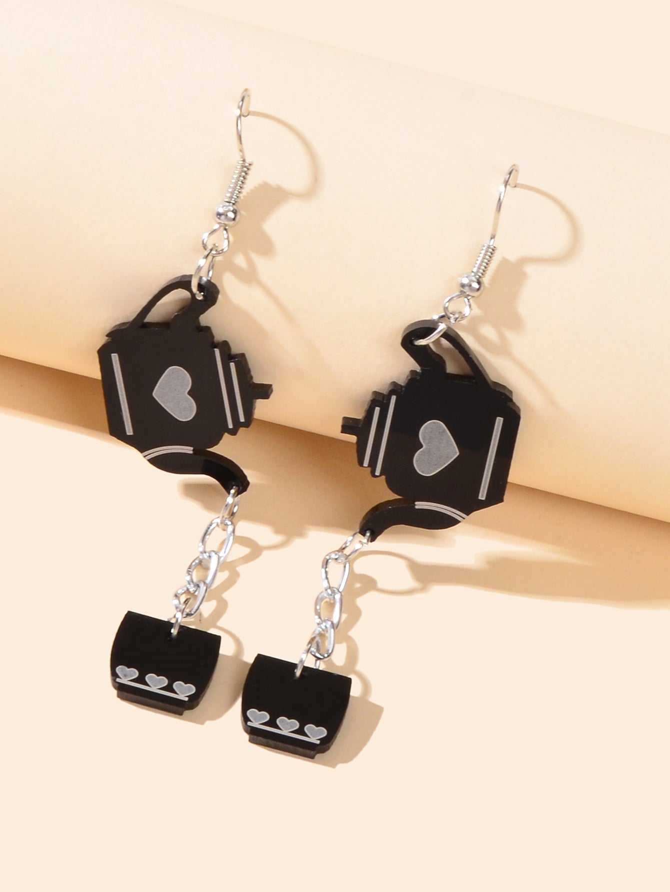 Heart Pattern Black Resin Teapot Cup Dangle Punk Hip Hop Earrings Teens Jewelry-2