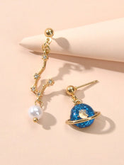 Good Quality Asymmetric Gold Metal Star Moon Pearl Charm Planet Dangle Earrings-2 width=100 