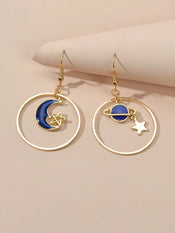Star Moon Planet Globe Circle Asymmetric Dangle Women Teens Round Hoop Earrings-2 width=100 