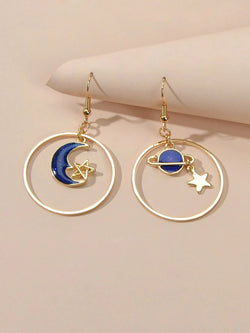 Star Moon Planet Globe Circle Asymmetric Dangle Women Teens Round Hoop Earrings-2 width=100 