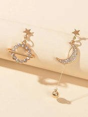 Fashion Rhinestone Ball Pendant Gold Moon Planet Asymmetric Drop Dangle Earrings-2 width=100 