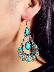 Bohemian Tribal Ethnic Antique Silver Rhinestone Hollow Water Drop Chic Earrings-3 width=100 