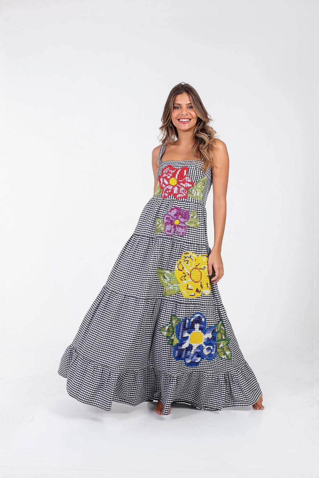 "Evelyn" Black Plaid Large Flower Maxi Dress