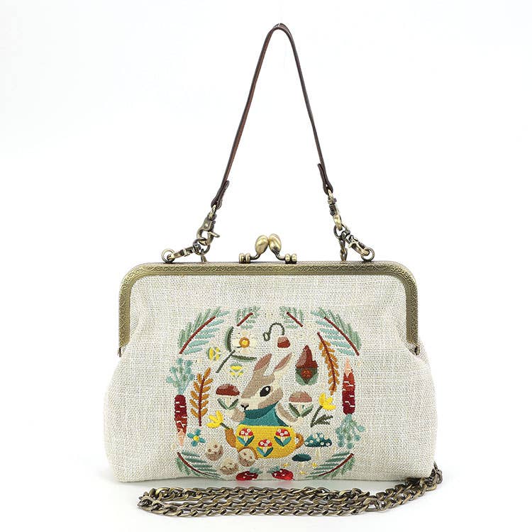 Embroidered Bunny on Linen Vintage Style Kisslock Handbag-0