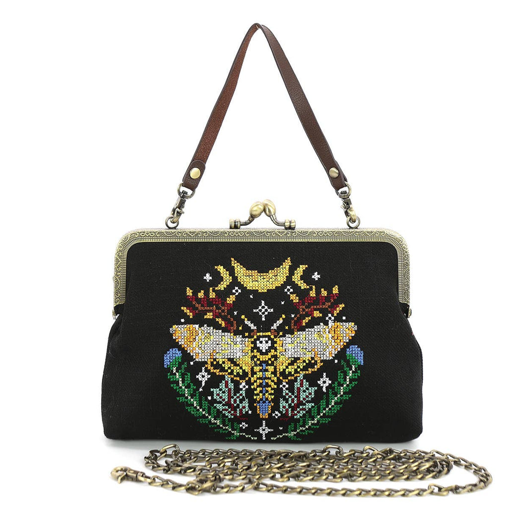 Skull Head Moth Vintage Kisslock Handbag in Linen Blend-0