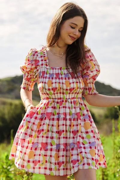 "Davi & Dani" Fruits Printed Smocking Mini Dress