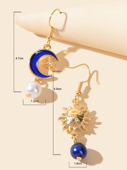 Asymmetrical Design Blue Moon Gold Sun Beads Charm Dangle Hook Textured Earrings-3 width=100 