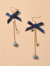 Sweet Design Blue Ribbon Bowknot Long Gold Chain Star Beads Pendant Earrings-3 width=100 