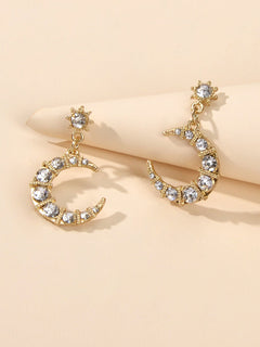 Textured Luxury Full Rhinestone Star Moon Dangle Earrings Wedding Gift Jewellery-3